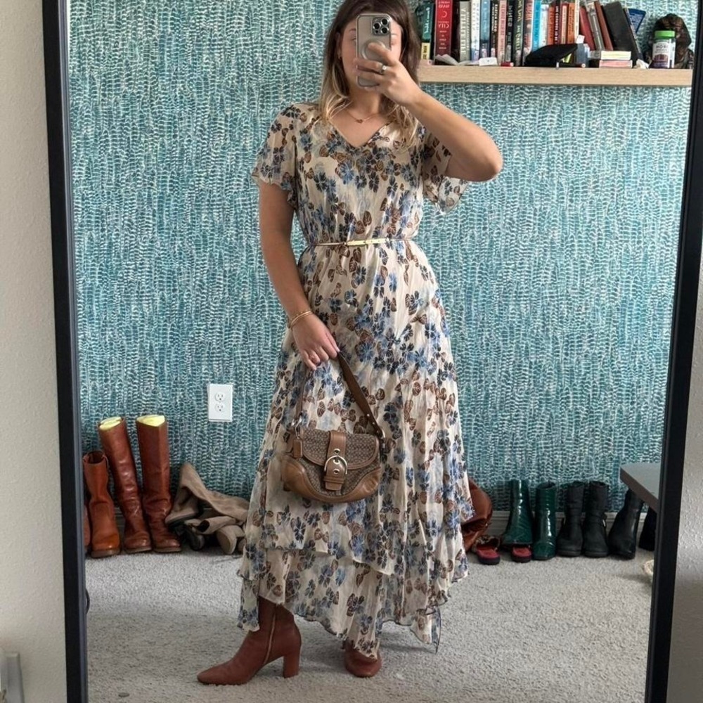 Jones New York 100% Silk Blue and Brown Fairycore Whimsical Maxi Dres